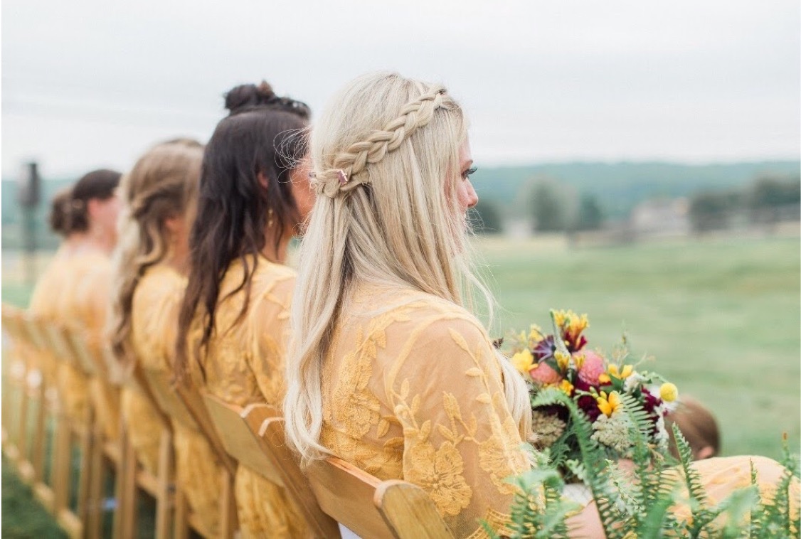 Wedding party with braided hair.